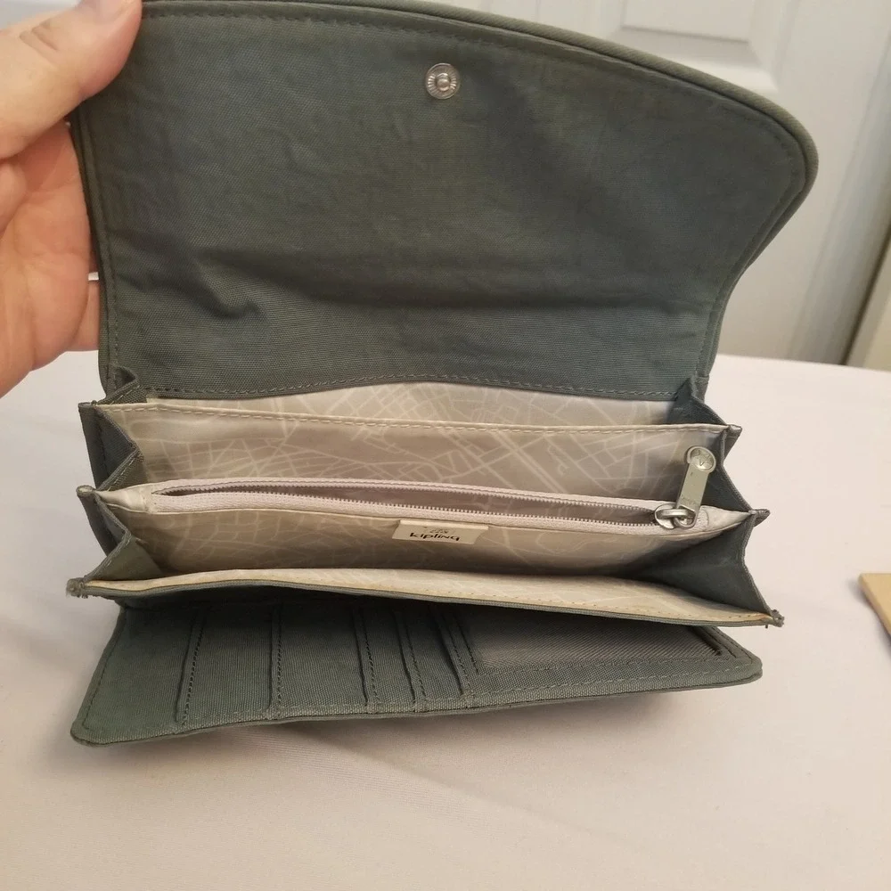 Kipling New Money Long Wallet Slate green Crinkle Nylon Trifold Organizer
